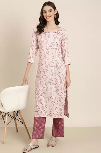 women's round neck floral pink straight kurta and trouser