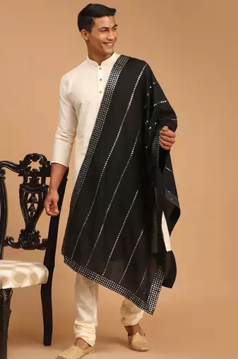 Cream Viscose Kurta, Pyjama & Dupatta Set