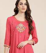 women's round neck solid coral straight kurta and trouser