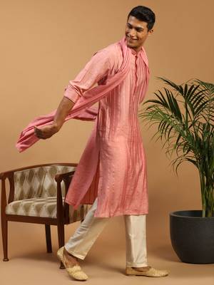Purple And Cream Cotton Blend Kurta, Pyjama & Dupatta Set 1