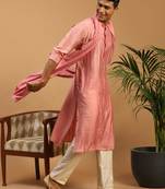 Purple And Cream Cotton Blend Kurta, Pyjama & Dupatta Set
