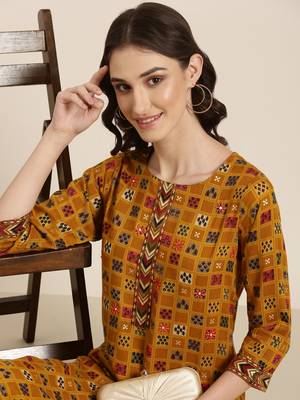 women's round neck geometric foil print mustard straight kurta and palazzos 1