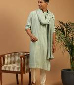 Vastramay men's green and cream cotton blend kurta, pyjama & dupatta set