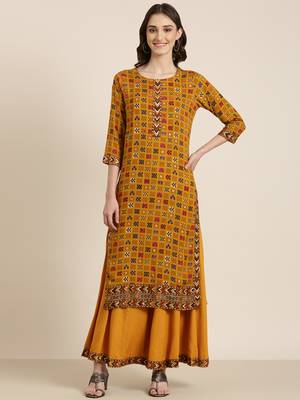 women's round neck geometric foil print mustard straight kurta and palazzos 2