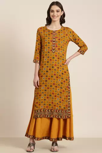women's round neck geometric foil print mustard straight kurta and palazzos