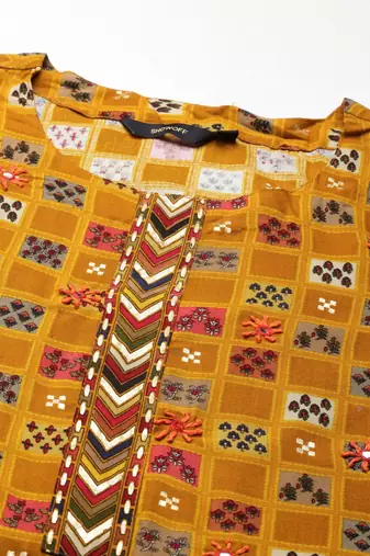 women's round neck geometric foil print mustard straight kurta and palazzos