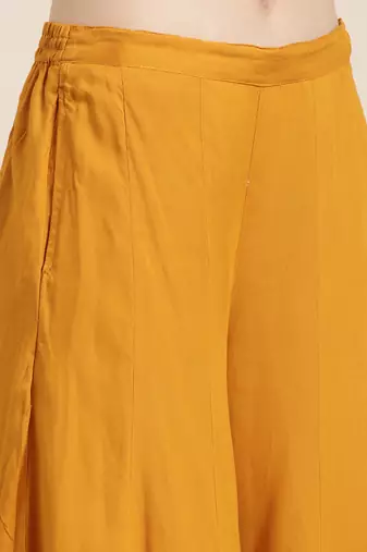 women's round neck geometric foil print mustard straight kurta and palazzos