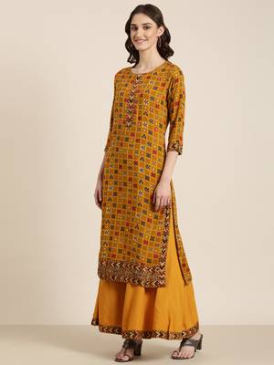women's round neck geometric foil print mustard straight kurta and palazzos 5