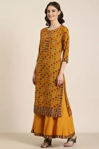 women's round neck geometric foil print mustard straight kurta and palazzos