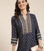 women's mandarin collar geometric navy blue straight kurta and sharara