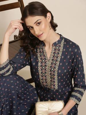 women's mandarin collar geometric navy blue straight kurta and sharara 2