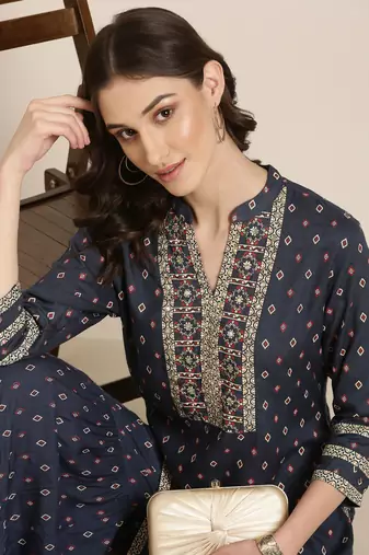 women's mandarin collar geometric navy blue straight kurta and sharara