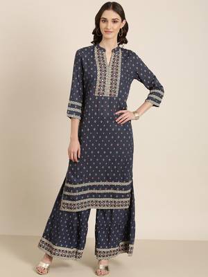 women's mandarin collar geometric navy blue straight kurta and sharara 3