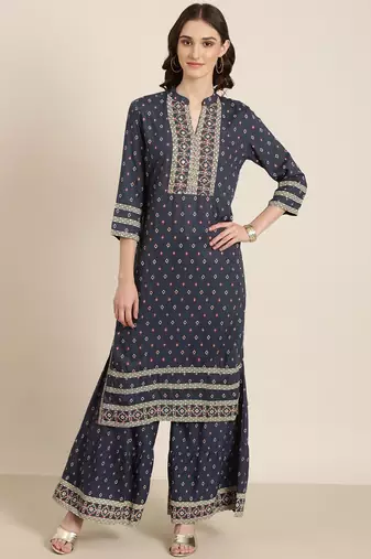 women's mandarin collar geometric navy blue straight kurta and sharara