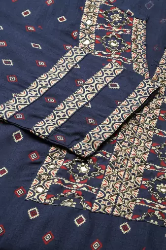 women's mandarin collar geometric navy blue straight kurta and sharara