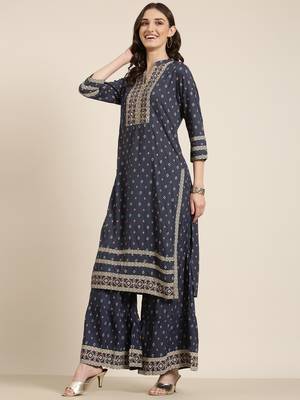 women's mandarin collar geometric navy blue straight kurta and sharara 5