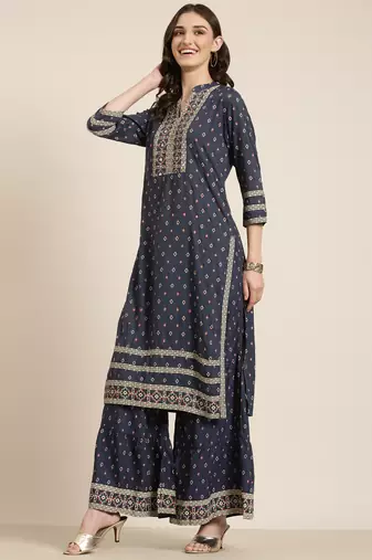 women's mandarin collar geometric navy blue straight kurta and sharara