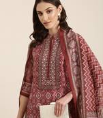 women's mandarin collar ethnic motifs maroon straight kurta and trouser with dupatta