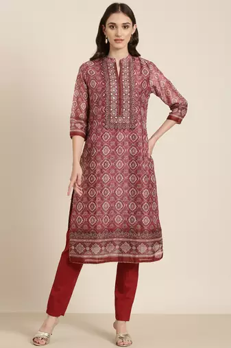 women's mandarin collar ethnic motifs maroon straight kurta and trouser with dupatta