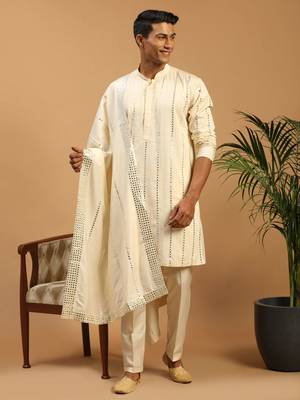 Cream Viscose Kurta, Pyjama & Dupatta Set 1