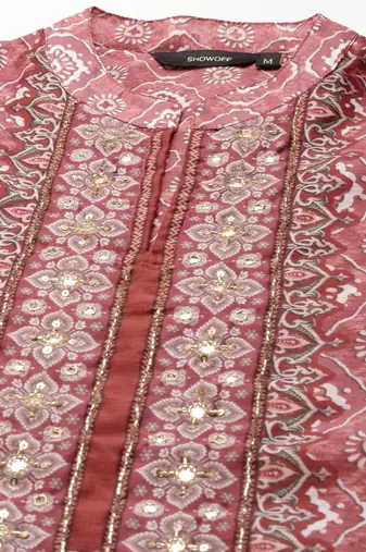 women's mandarin collar ethnic motifs maroon straight kurta and trouser with dupatta