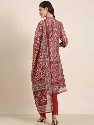 women's mandarin collar ethnic motifs maroon straight kurta and trouser with dupatta 5
