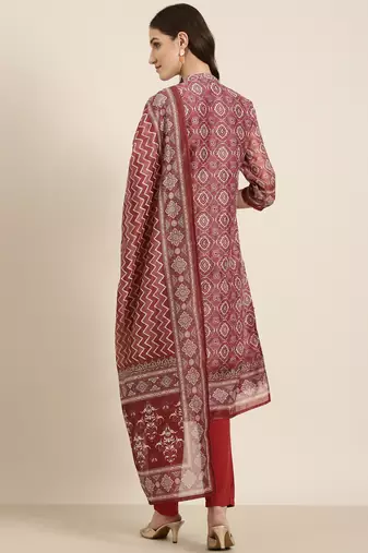women's mandarin collar ethnic motifs maroon straight kurta and trouser with dupatta