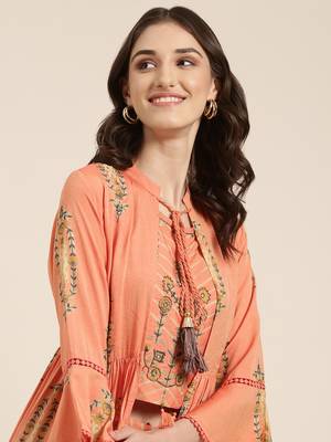 women's round neck floral orange a-line top and trouser 1