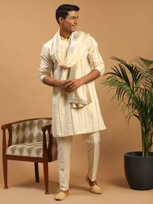 Cream Viscose Kurta, Pyjama & Dupatta Set 1