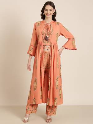 women's round neck floral orange a-line top and trouser 2