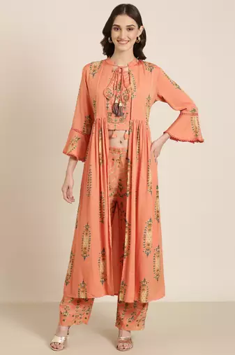 women's round neck floral orange a-line top and trouser