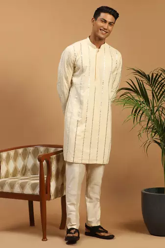Cream Viscose Kurta, Pyjama & Dupatta Set