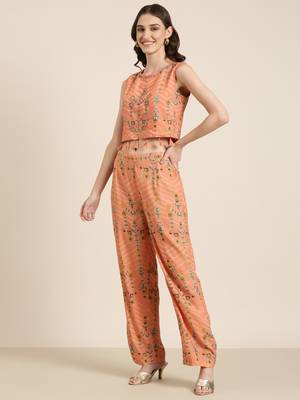 women's round neck floral orange a-line top and trouser 4