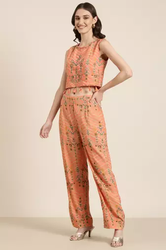 women's round neck floral orange a-line top and trouser