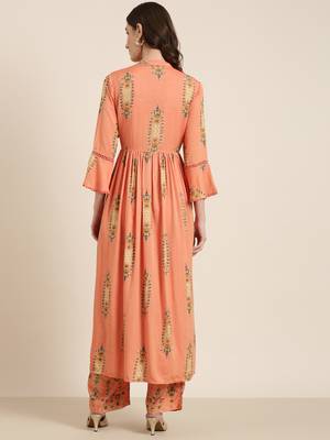 women's round neck floral orange a-line top and trouser 5