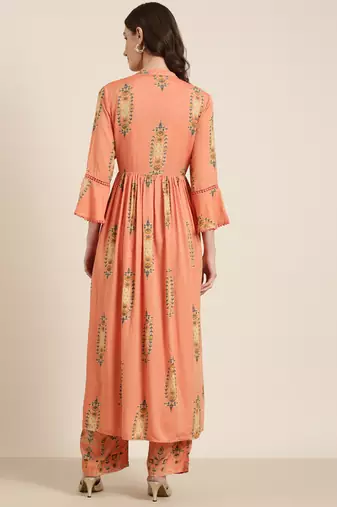 women's round neck floral orange a-line top and trouser