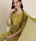 women's round neck ethnic motifs green a-line top and trouser with dupatta