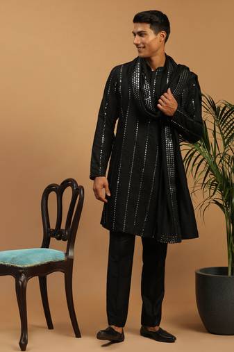 Men'S Black Viscose Kurta, Pyjama & Dupatta Set