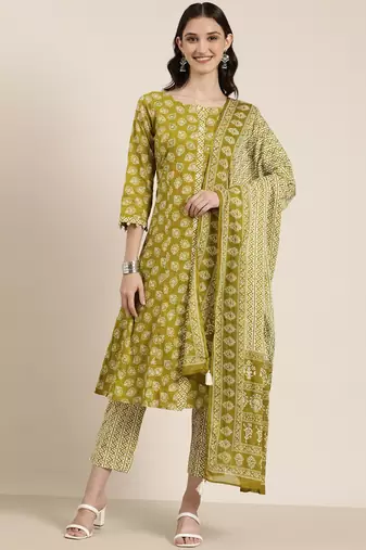 women's round neck ethnic motifs green a-line top and trouser with dupatta