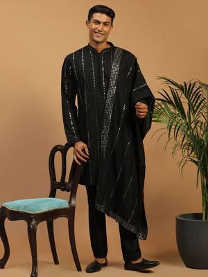 Black Viscose Kurta, Pyjama & Dupatta Set 1