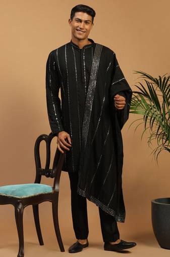 Men'S Black Viscose Kurta, Pyjama & Dupatta Set