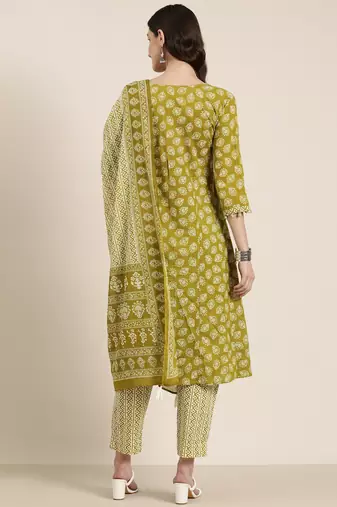 women's round neck ethnic motifs green a-line top and trouser with dupatta