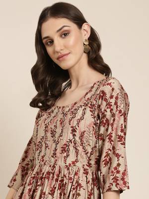 women's round neck floral beige anarkali kurta and trouser 1
