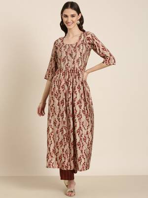 women's round neck floral beige anarkali kurta and trouser 2