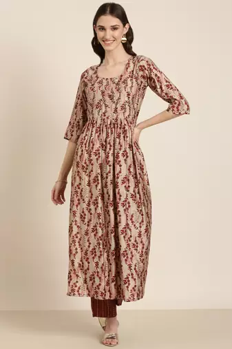 women's round neck floral beige anarkali kurta and trouser