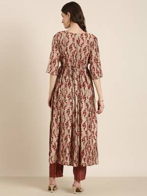 women's round neck floral beige anarkali kurta and trouser 4