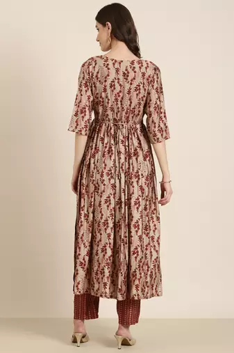 women's round neck floral beige anarkali kurta and trouser