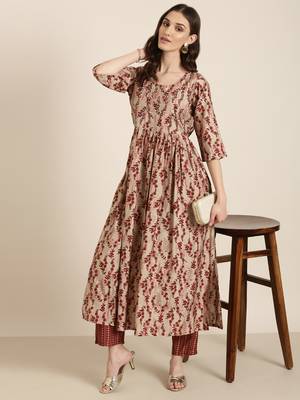 women's round neck floral beige anarkali kurta and trouser 5