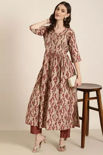 women's round neck floral beige anarkali kurta and trouser