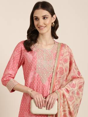 women's round neck bandhani zari coral straight kurta and trouser with dupatta 1